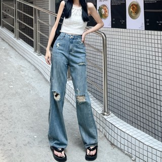 ย้อนยุค ฟ้าอ่อน รูแตก กางเกงยีนส์ เอวสูง เผยผอม หลวม กางเกงข…