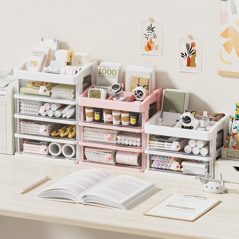 การ์ตูนเดสก์ท็อป Multi-Layer ลิ้นชักกล่องเก็บเครื่องเขียนนักเรียนคู่มือ Office multi-Functional กล่องเก็บของ