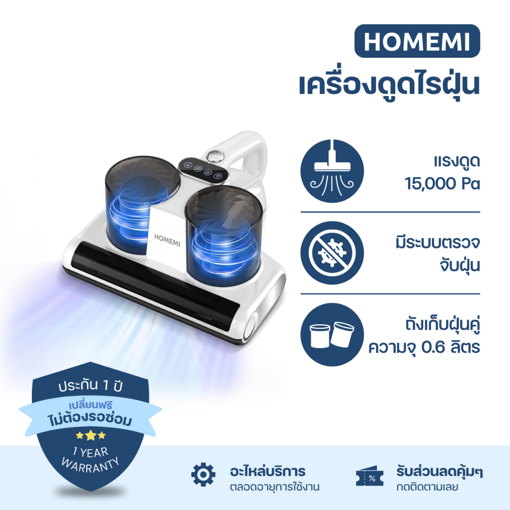 Homemi เครื่องดูดไรฝุ่น Dust Mites Vacuum Pro ตรวจจับฝุ่นอัตโนมัติ ฆ่าเชื้อด้วย UV (HM0068-P-WH)