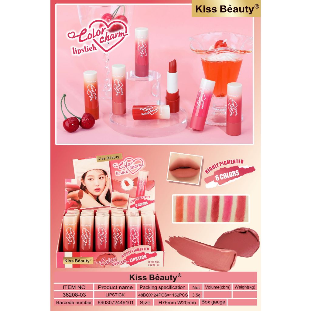 36208-03 ลิปสติกเนื้อเเมท KISS BEAUTY เกลี่ยง่าย ติดทน กันน้ำ บางเบาไม่หนักปาก