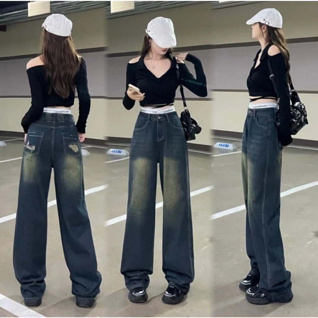 Swan shop  กางเกงยีนส์ขายาวเอวสูงทรงกระบอก แต่งขาดขอบเอวและกระเป๋าด้านหลัง วินเทจ แนวสวยสุดฮิตวัยรุ่นมากๆ