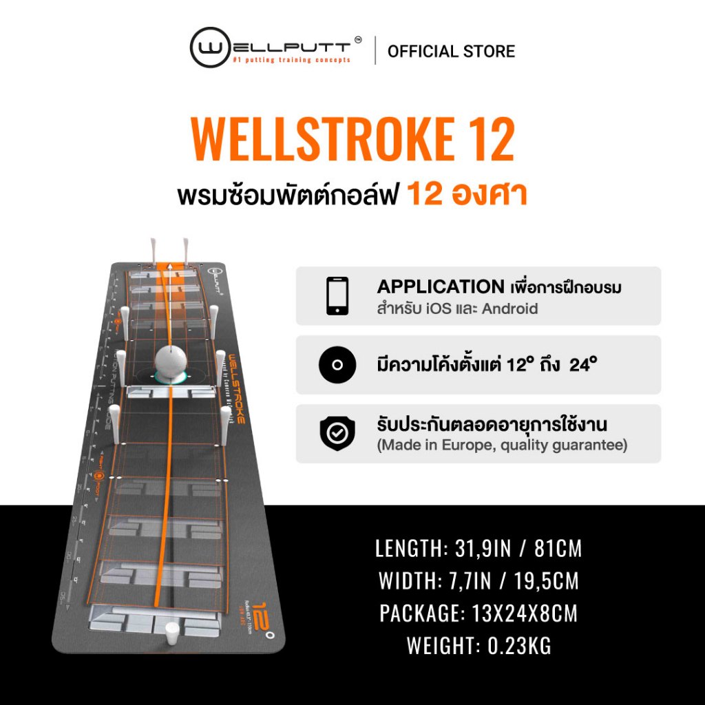 Wellputt พรมซ้อมพัตต์ Wellstroke รุ่น 12 องศา แผ่นพกพา พัตต์กอล์ฟ  พร้อม Application Training