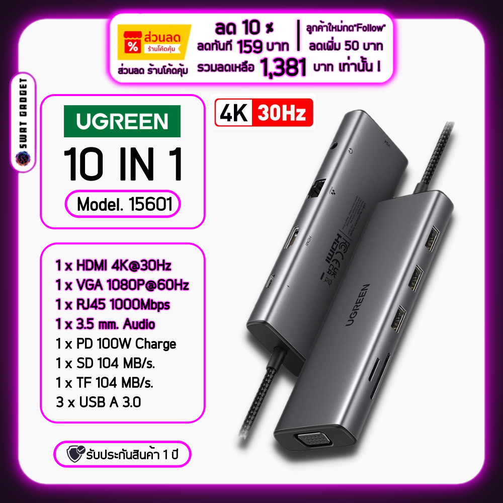 [Pre-Order] Ugreen 10 in 1 USB C To HDMI VGA USB HUB Model 15601 สำหรับ MacBook iPad Pro iPad Air SW