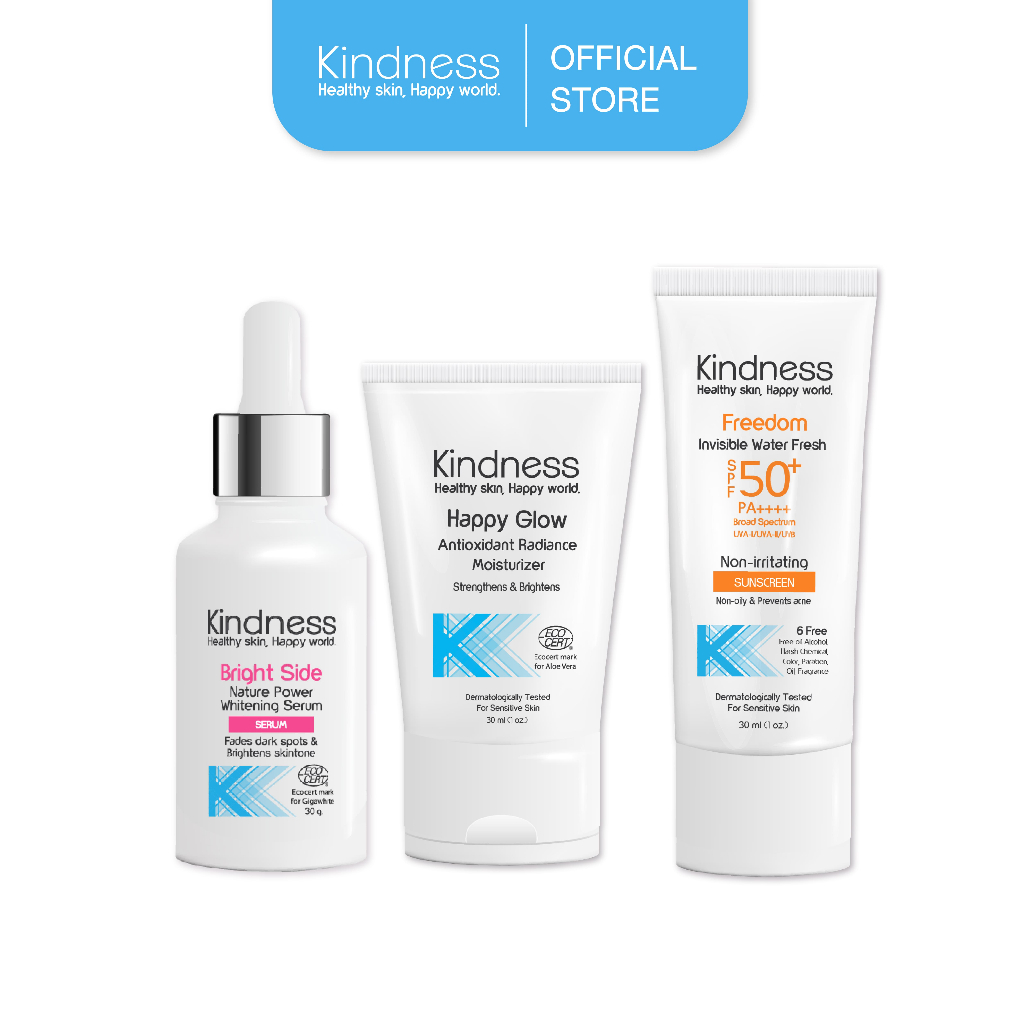 [เช็ตรวม] Kindness ครีมบำรุงผิวหน้า Happy Glow, ครีมกันแดด Freedom และ เซรั่มวิตามินซี Bright Side