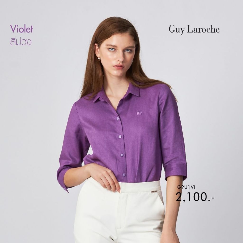 Guy Laroche เสื้อเชิ้ตผู้หญิง Light linen แขนสามส่วน ม่วง G9U1VI