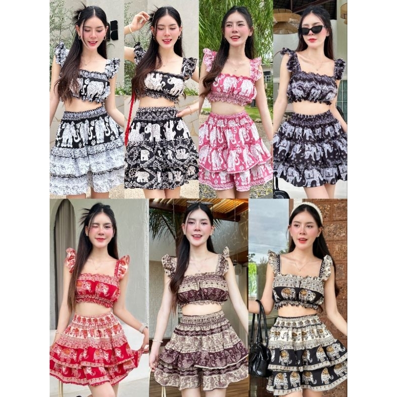 ชุดช้างสายเดี่ยว+กระโปรงสั้น2ชั้น ลายช้าง ผ้าไหมอิตาลี (สินค้าไทย)