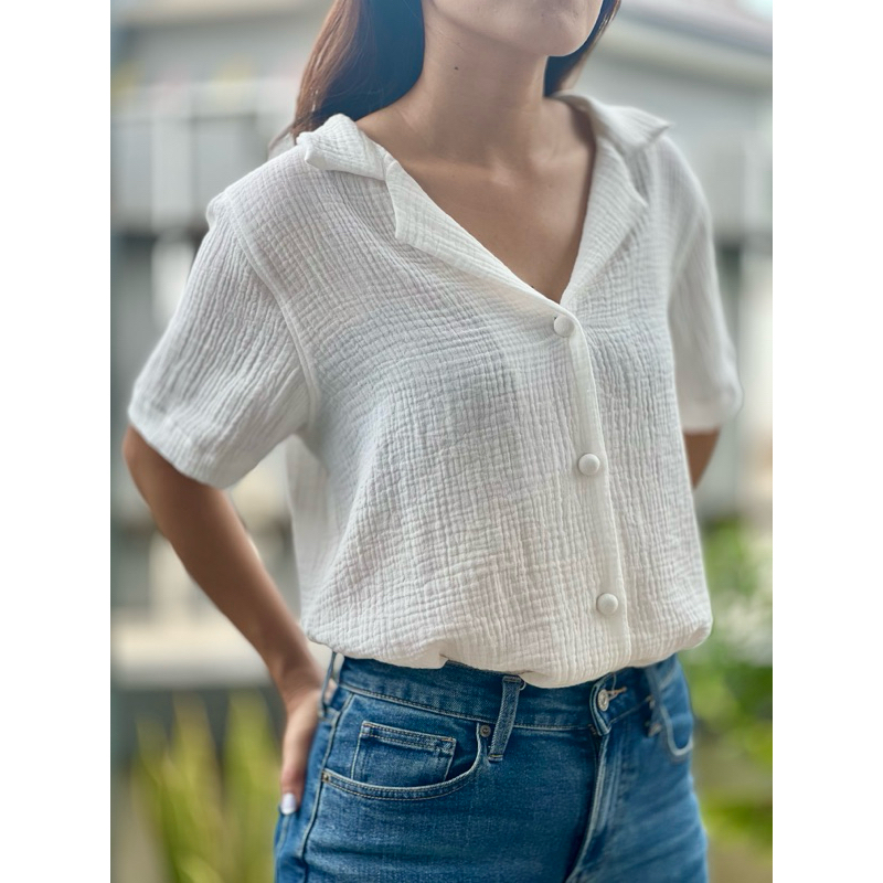 เสื้อคอฮาวาย ผ้าสาลู 2 ชั้น Double Gauze Short Sleeve Hawaiian Collar Blouse