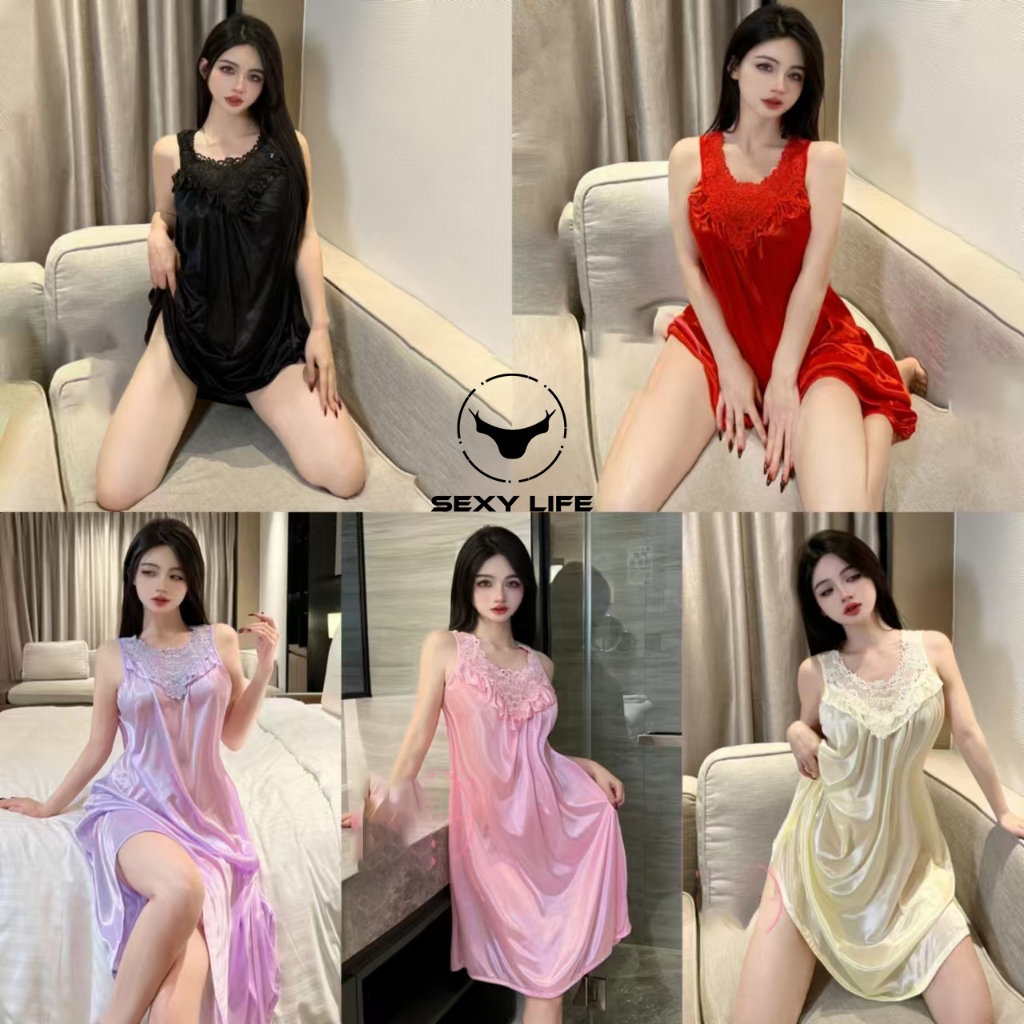 ชุดนอนซาติน✨ กระโปรง 👗ผ้าซาติน+งานปัก ใส่สบาย ดีไซน์แขนกุด🚚ส่งไวจากไทย1-3วัน