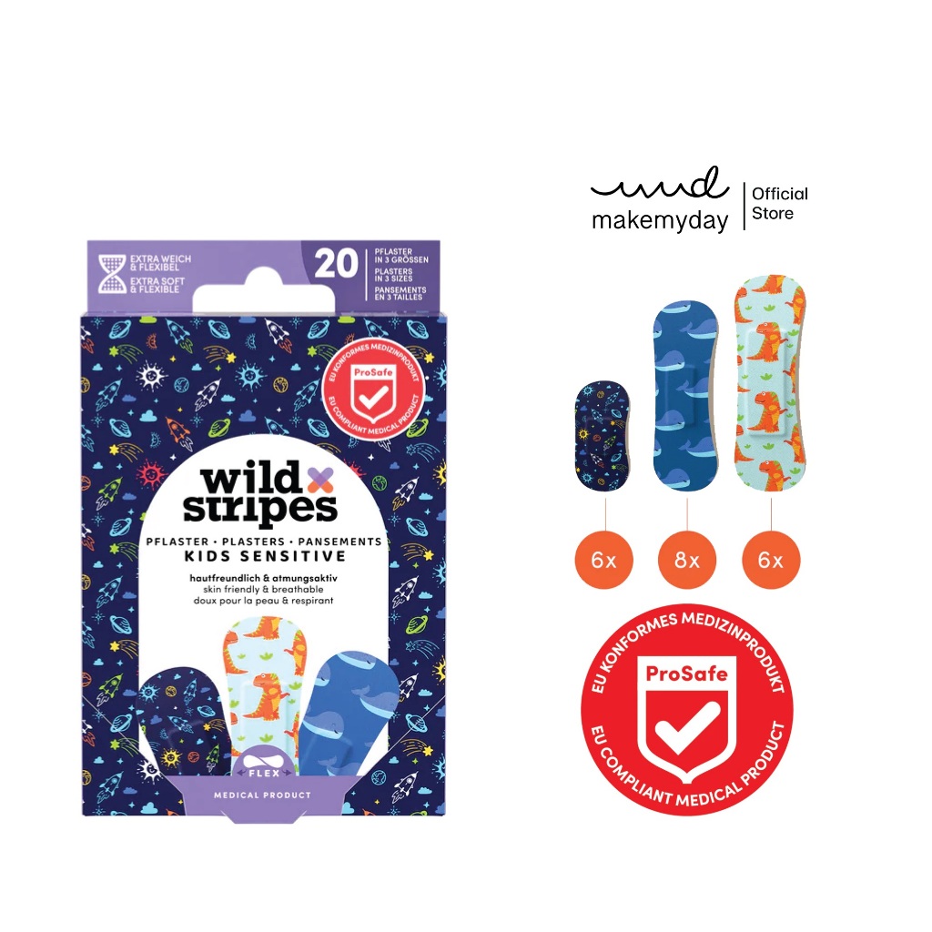 Wild Stripes พลาสเตอร์ พลาสเตอร์ลายน่ารัก รุ่น Kids sensitive สี Space นำเข้าจากเยอรมัน (1 กล่องบรรจุ 20 ชิ้น)