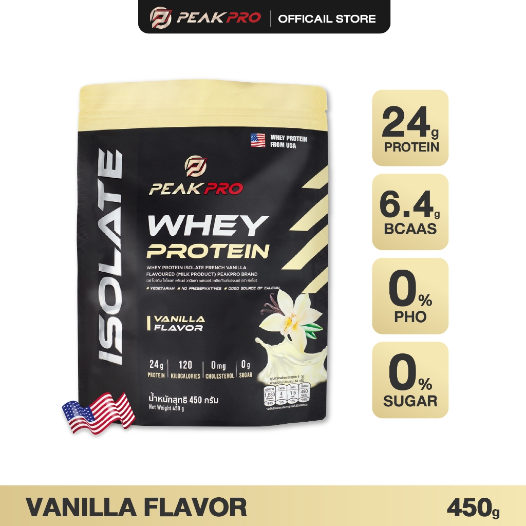 (ส่งฟรี ใส่โค้ดลดเพิ่ม) PeakPro Whey Protein Isolate 450g Vanilla flavoured เวย์โปรตีน ไอโซเลท รสวานิลลา คุมหิว ลดไขมัน