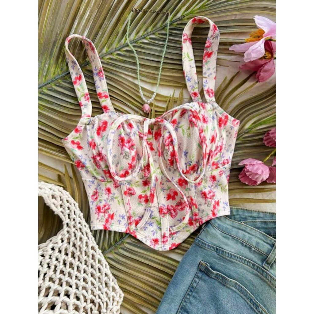 พร้อมส่งจากไทย ครอป เสื้อกล้าม ท็อป ลายดอกไม้ ชายสามเหลี่ยม ผูกโบว์หน้า วินเทจ เสื้อลายดอก