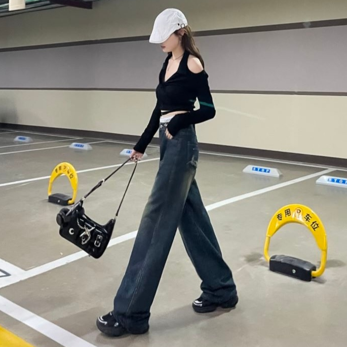 A sheep_shop กางเกงยีนส์ขายาวเอวสูงทรงกระบอก แต่งขาดขอบเอวและกระเป๋าด้านหลัง วินเทจ แนวสวยสุดฮิตวัยรุ่นมากๆ - รูปที่ 7