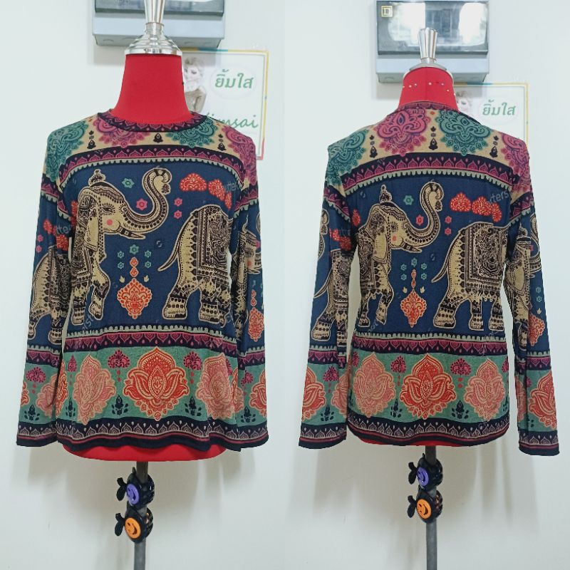 ป้าย NaNa เสื้อยืดผ้าสลาฟ คอกลม แขนยาว ลายช้าง
