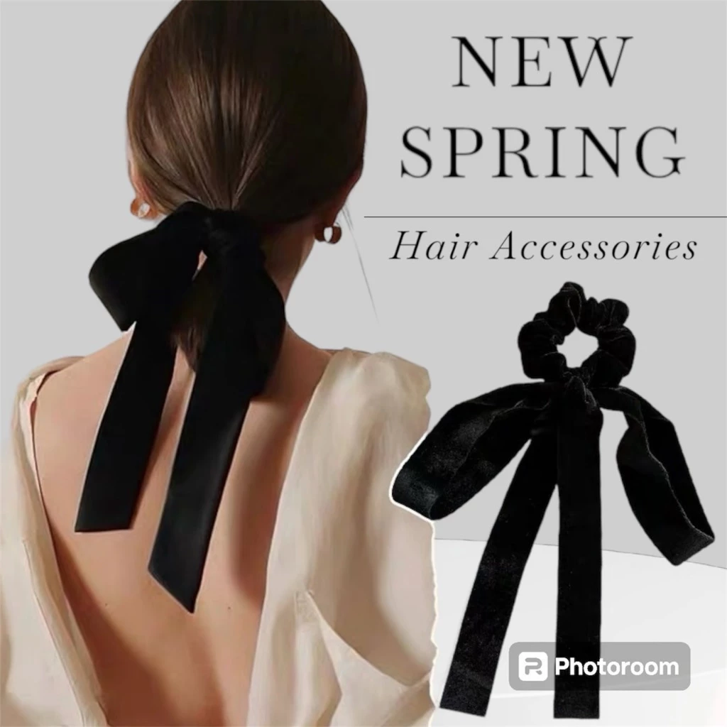 Black velvet ยางรัดผมโดนัทโบว์สีดำ ผ้ากำมะหยี่ สามารถถอดได้ 2ชิ้น ยางรัดผม โบว์ผูกผม