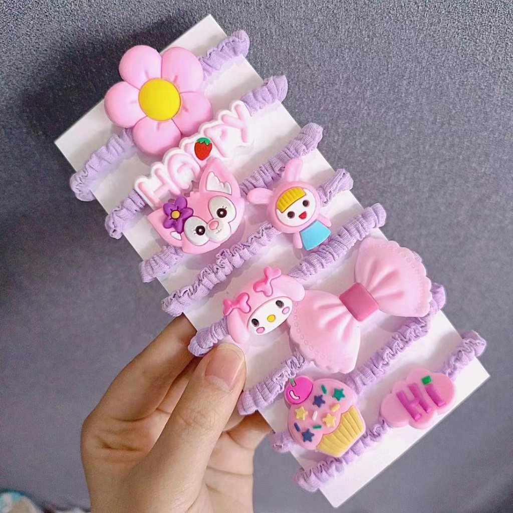 ยางรัดผม  น่ารัก สไตล์เกาหลี (8ชิ้น /ชุด) เหมาะสำหรับผู้หญิง สีพาสเทลน่ารักๆ ยางมัดผม แบบยืดหยุ่นสูง ลายหมีสตรอเบอร์รี่น – โปรปัง