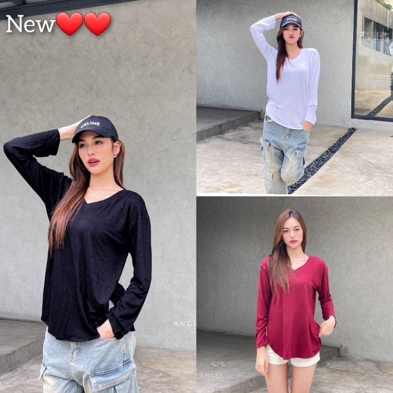 ANGEL💜เสื้อคอวีแขนยาวชายโค้ง งานผ้าเรย่อนเกรดเอ💜งานป้าย