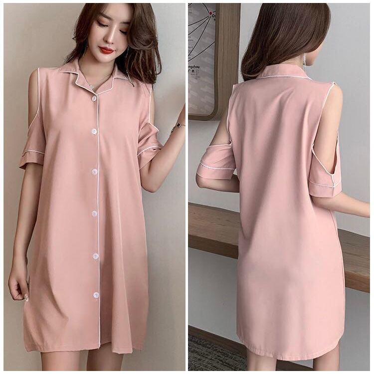 8184-208  SPS ชุดนอนสตรี ชุดกระโปรงหลายไซส์ เนื้อผ้าเย็นใส่สบาย ตัดแต่งขอบเสื้อ สินค้าพร้อมส่ง