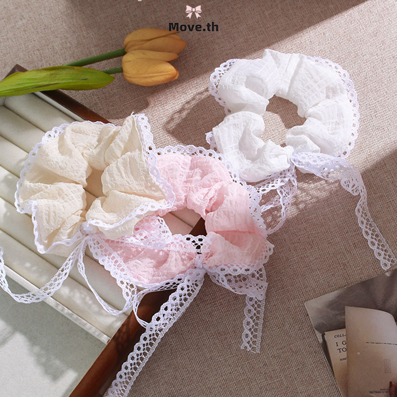 ในไทย-พร้อมส่ง ยางรัดผม ริบบิ้นโบว์ ลูกไม้ ลายดอกไม้ น่ารักหวาน สไตล์เกาหลี แฟชั่นสําหรับผู้หญิง ความยืดหยุ่นสูง Dopamin
