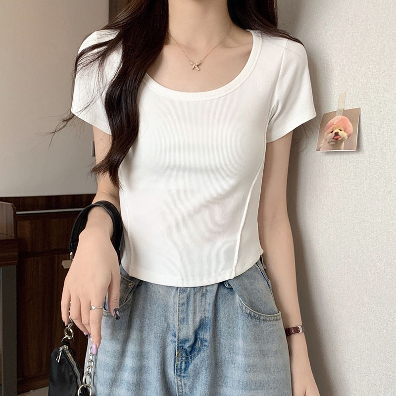 PX เสื้อคอกว้างพรางหุ่น ผ้าร่องเล็ก เสื้อลำลองผู้หญิง เสื้อยืดปลายโค้ง สไตล์เกาหลี แมทช์ง่าย สีดำ สีขาว สีฟ้า