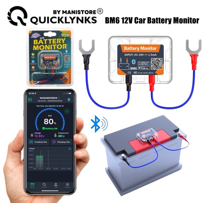 QuickLynks BM6 Car Battery Monitor & Tester Wireless Bluetooth 4.0 for Mobile Device