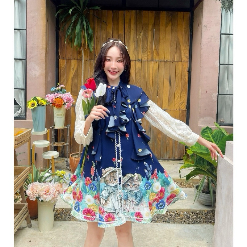 เดรสลายแมว maria dimond มือ1 ป้ายห้อย 2XL