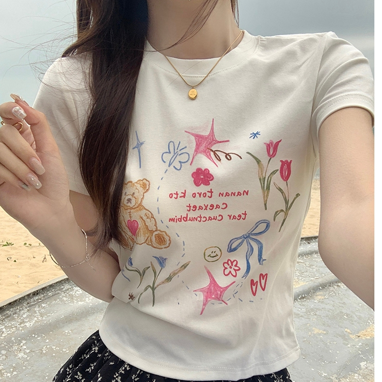 NAYIGUOJI เสื้ื้อครอป ผ้าเรย่อน ทรงสวยพอดีตัว ใส่เที่ยวคือปัง รุ่น ครอปสกรีนลาย