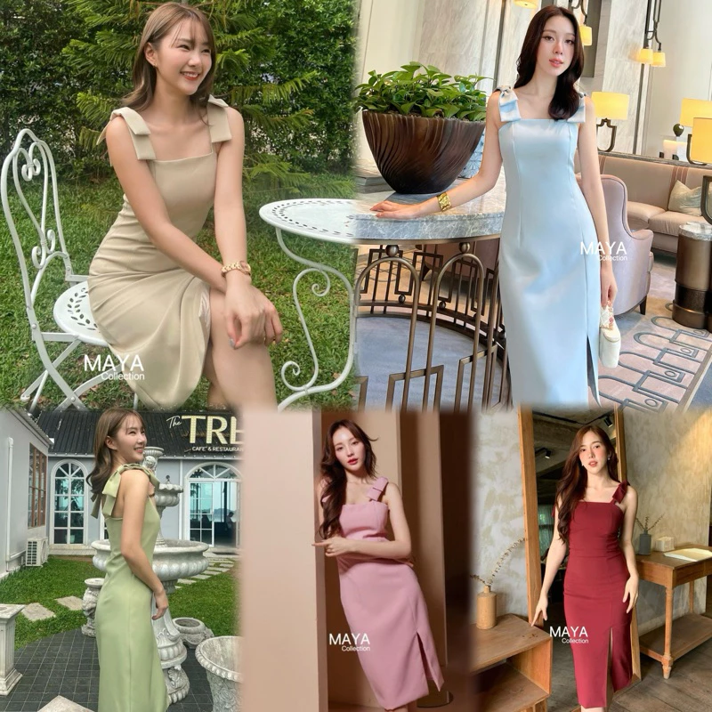 G065 เดรสสั้นออกงาน ชุดเดรสแต่งโบว์ไหล่ 2 ด้าน เสริมอก ซับเต็มตัว