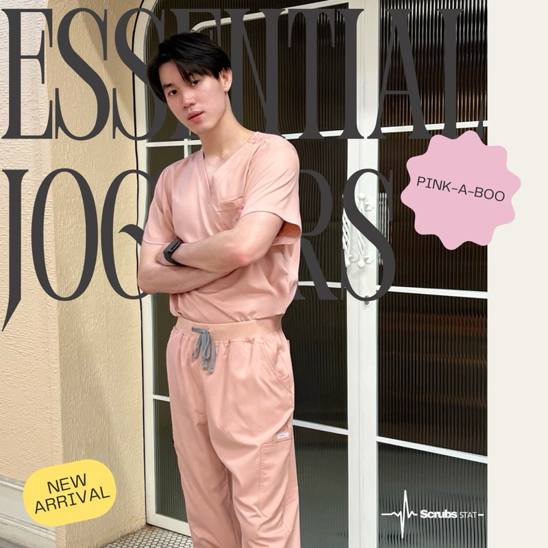 ชุดสครับขาจั๊ม ปักชื่อ ส่งทันที Scrubs STAT รุ่น Essential joggers สี Pink-a-boo