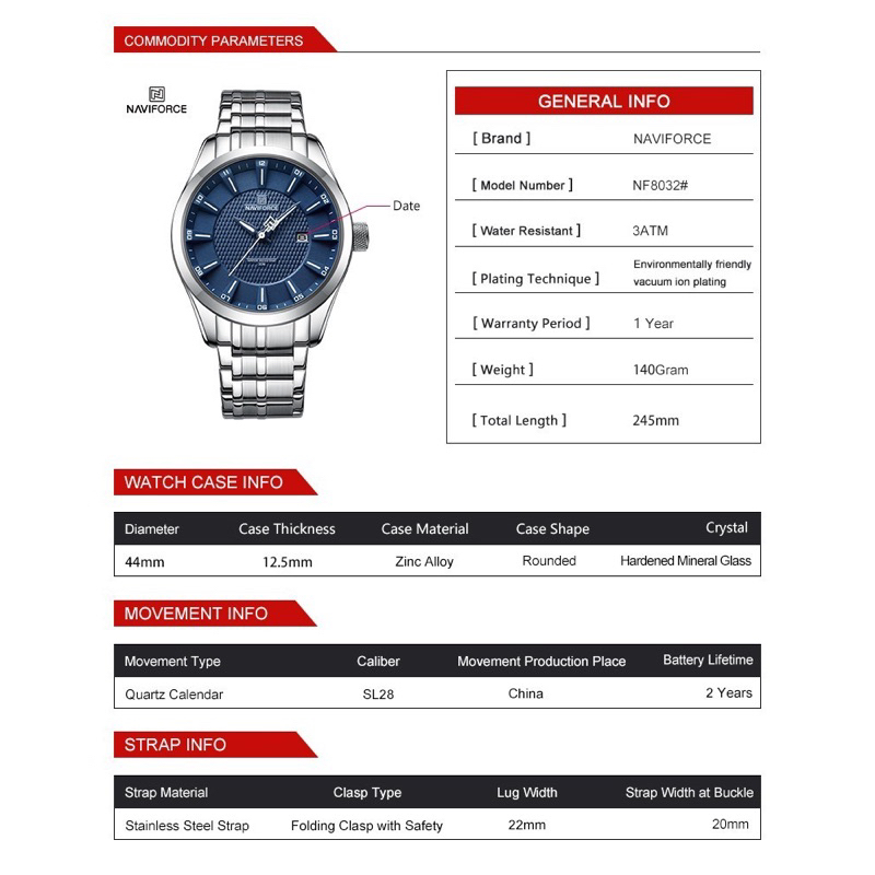 Naviforce NF8032 สายสแตนเลสสติล หน้าปัด44MM กันน้ำ30M ของแท้100% ประกันศูนย์ไทย1ปี #นาฬิกาข้อมือผู้ชาย