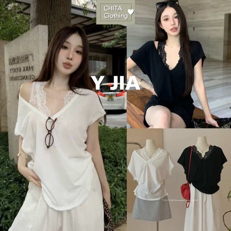 8172#Set 2 pcs เสื้อแขนสั้นคอวี + เสื้อลูกไม้แขนกุด เนื้อผ้ายืดหยุ่นได้เยอะ TAG : Y.JIA STUDIO