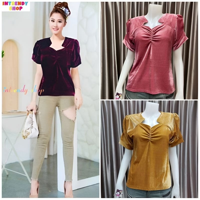 ( พร้อมส่ง )เสื้อกํามะหยี่คอเจ้าหญิง.สไตร์สาวหวาน เรียบหรู Free size: 34 - 40 นิ้ว.ใส่ได้ ( หนฃน้าผ้า 36 นิ้ว )