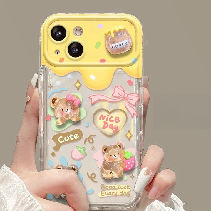 สำหรับ iPhone 11 15 14 13 12 Pro MAX 7 8 14 Plus XS MAX หมีสีชมพูหวานน้อยพลิกกรณีโทรศัพท์ กันกระแทกและ กันกระแทก เคส