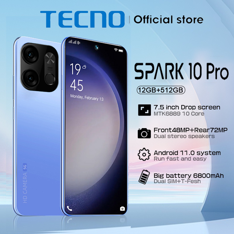 TECNO SPARK 10 Pro โทรศัพท์มือถือ 12GB+512GB แบต6800mAh หน้าจอ7.5นิ้ว สเปคแท้100% โทรศัพท์ มือถือ Sm