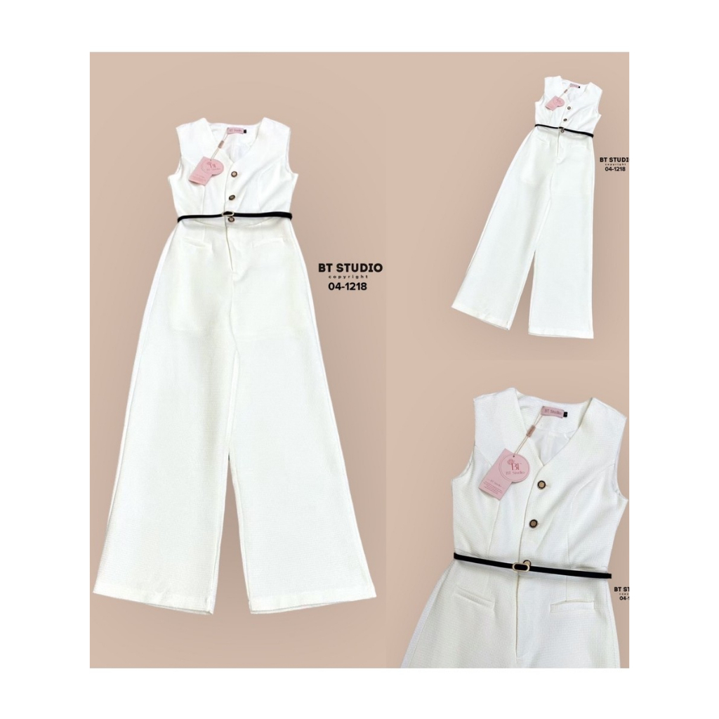 BT 04-1218เชท 2 ชิ้น จั้มสูทแขนกุดคอวี แต่งกระดุมหน้าช่วงบน3เม็ด ซิปหน้า อก เอวเข้ารูป เนื้อผ้ามีลาย