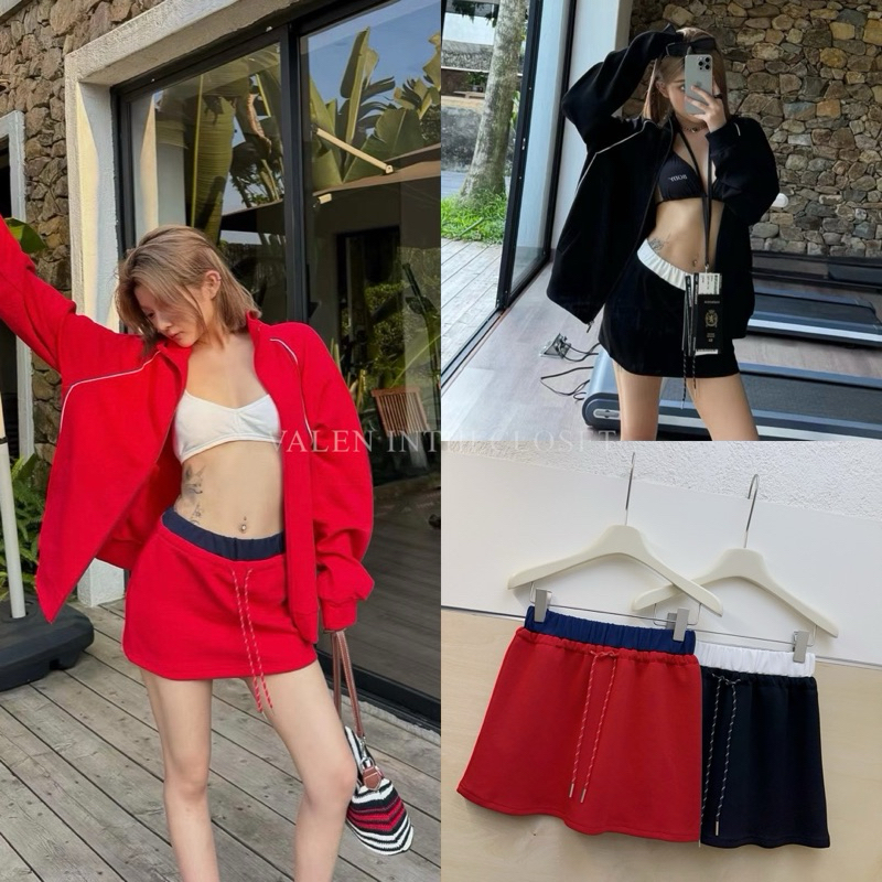 𝗥𝗨𝗕𝗬 𝗧𝗪𝗢 𝗧𝗢𝗡𝗘 𝗦𝗞𝗜𝗥𝗧 มาใหม่ กระโปรงสั้นแต่งขอบเอวสีทูโทน ตัดกันลงตัว มีเชือกผูกเอว เนื้อผ้าดีมากก
