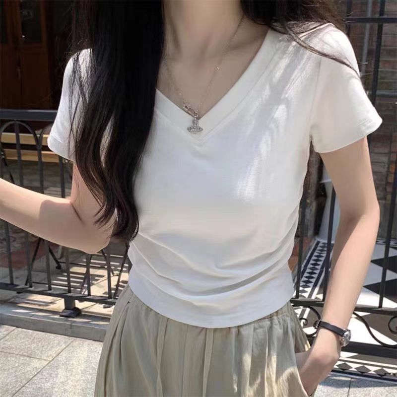 เสื้อรัดรูป พร้อมส่ง เสื้อยืดคอวี แขนสั้นสีพื้น สลิมฟิต พื้นสไตล์เกาหลีใส่สบายผ้านิ่ม