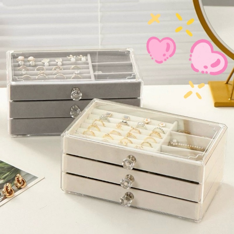 กล่องเก็บเครื่องประดับ กล่อง เก็บต่างหู ผ้ากำมะหยี่ 3ชั้น ฝากันฝุ่นใส จัดเก็บแบบแยกโซน ATTCH