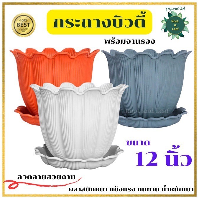 กระถางบิวตี้ ขนาด 12 นิ้ว กระถางพร้อมจานรอง พลาสติกหนา แข็งแรง ทนทาน น้ำหนักเบา