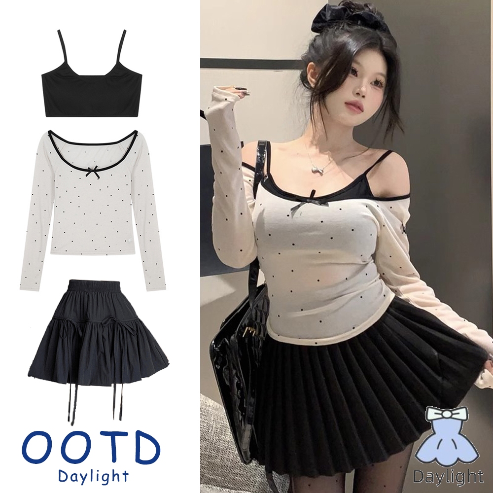 (S-XL) ชุดสองชิ้น เสื้อยืดแขนยาว Bow Polka Dot ผู้หญิงปิดไหล่ชุดสองชิ้นเสื้อ Bottoming สั้น DL
