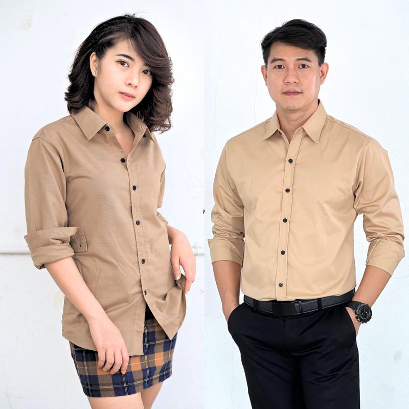 takayay brand เสื้อเชิ้ต สีเบจ 36-54 นิ้ว เสื้อเชิ้ตสีสุภาพ ผ้าคอตตอนทวิล