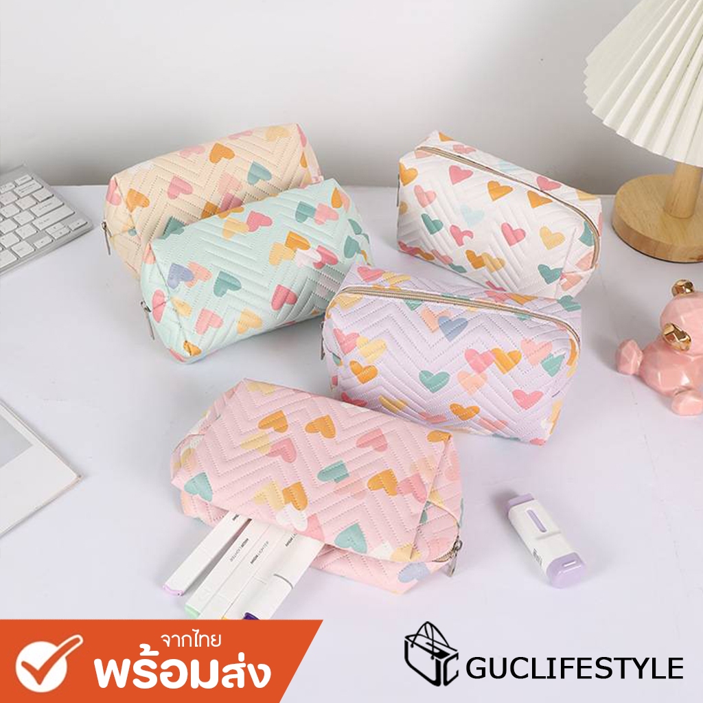 GUCSELECTED(B2116) กระเป๋าใส่ดินสอ-จัดระเบียบเครื่องสำอางค์เป็นหนังพียู-ลายหัวใจ
