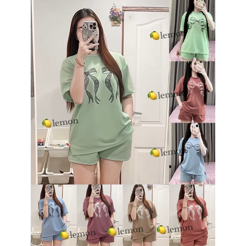 ชุดเซ็ท โบว์ใหม่2 ชิ้นเสื้อ+กางเกง(ผ้ามูลเวฟทั้งชุด) อก32-40/เอว24-36