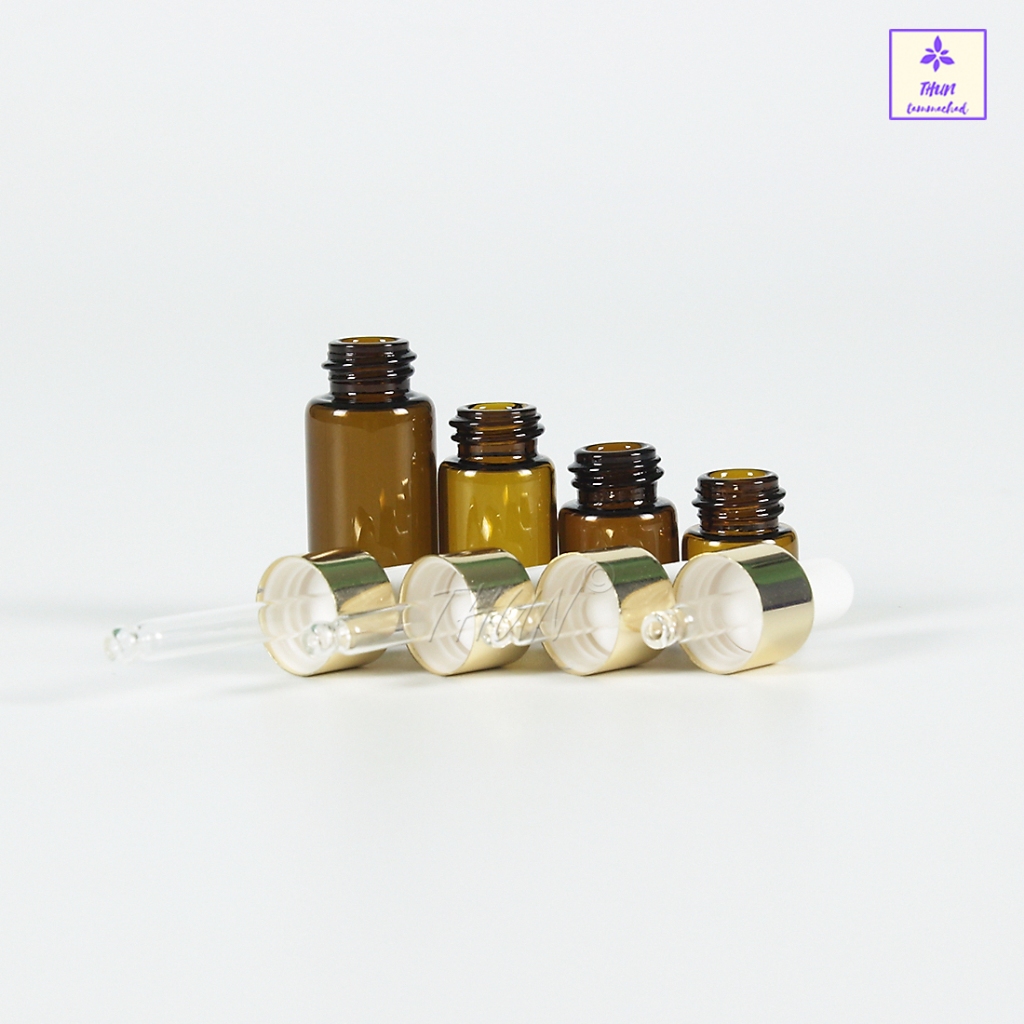 [1 ใบ / จิ๋ว] ขวดดรอปเปอร์ ขวดเซรั่ม สีชาใส ฝาขอบทอง+จุกยางขาว ใส่น้ำมันหอมระเหย  1/2/3/5/ ml