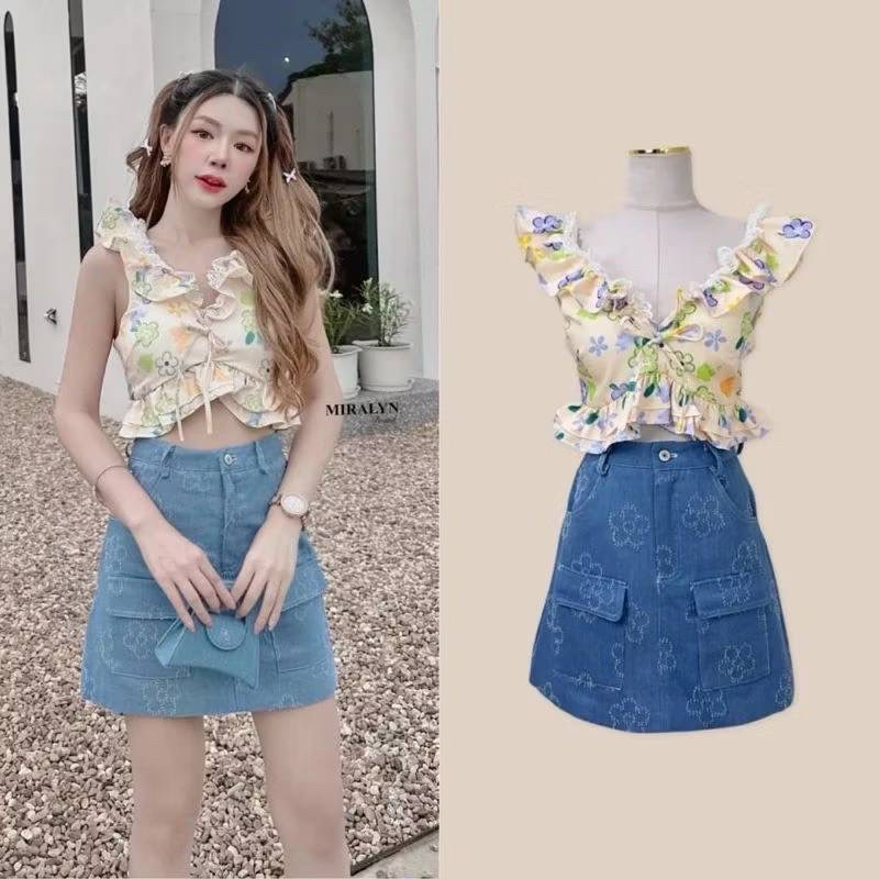 S M มือ1 MIRALYN ชุดเซ็ตเสื้อครอป มาพร้อมกระโปรงยีนส์ ใส่น่ารักสุดๆ ป้าย MIRALYN