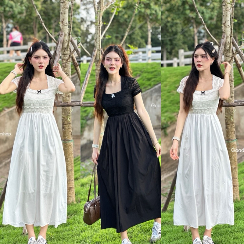 เดรสยาว ลุคดูสวยแพงแบบตะโกน ด้านบนเป็นผ้าลูกไม้ยืด~กระโปรงล่างใช้ผ้าอลังการล้านแปดมาก ด้านหลังใส่ซิปสวมง่าย