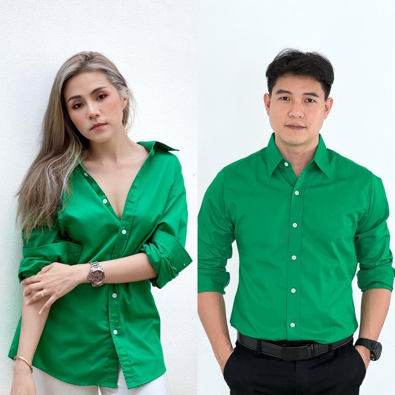 takayay brand เสื้อเชิ้ต สีเขียวพื้น 36-54 นิ้ว เสื้อเชิ้ตสีสด ผ้าคอตตอนทวิล เสื้อเชิ้ตสีเขียว