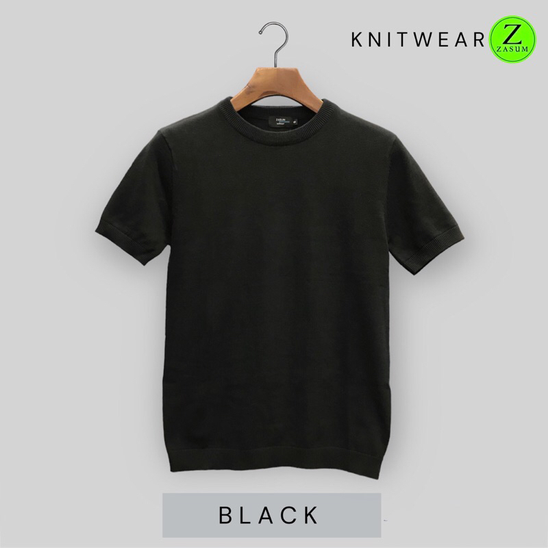 Knitwear Zasum🔸Sweatshirt เสื้อแขนสั้นคอกลม สีพื้น🔹ดำ (black) ถักทอด้วย Cotton100% ผ้านุ่มใส่สบาย