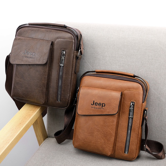 กระเป๋าสะพายผู้ชาย Jeep กระเป๋าหนังวินเทจ ลายหนังมีซิป ทรงเมสเซนเจอร์ ถูกสุด ส่งไวในไทย