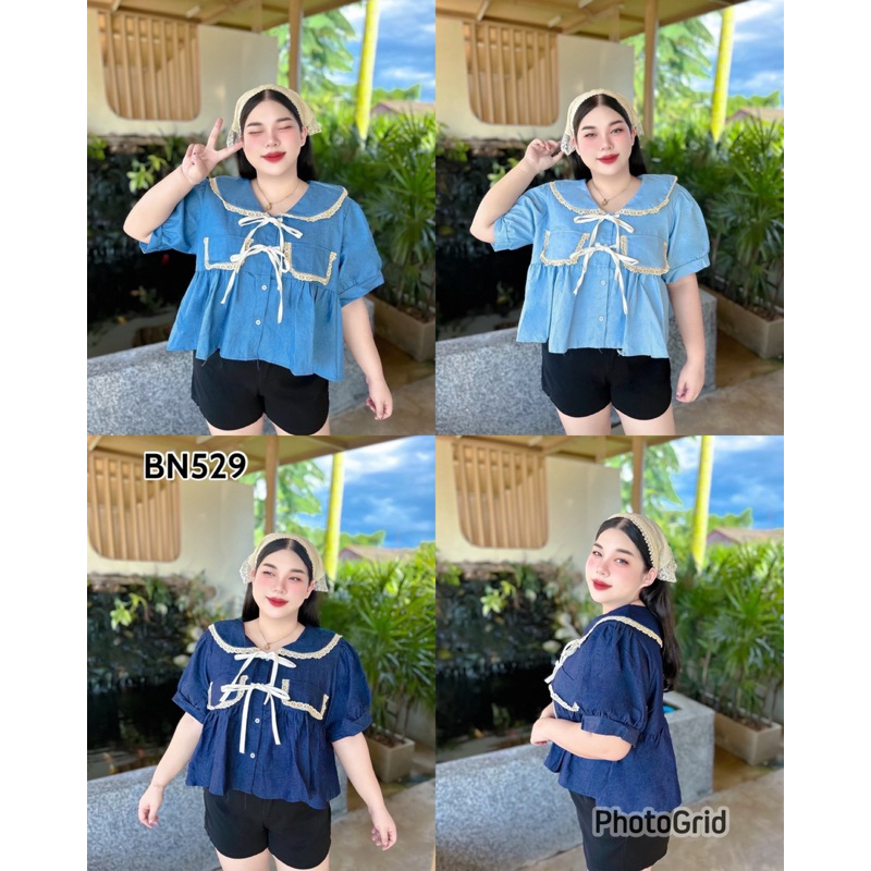 BN529.เสื้อแฟชั่นสาวอวบผ้ายีนส์เทียม รุ่นโบว์2ชั้น อก 48‘