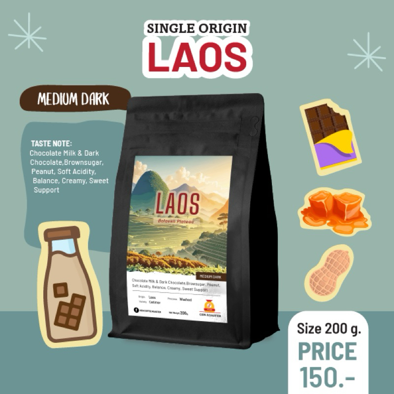 เมล็ดกาแฟลาวคั่วกลางเข้ม Laos Boloven Medium Dark Roast 200กรัม. 150 บาท รสชาติเด่น Dark chocolate Balance Process wash